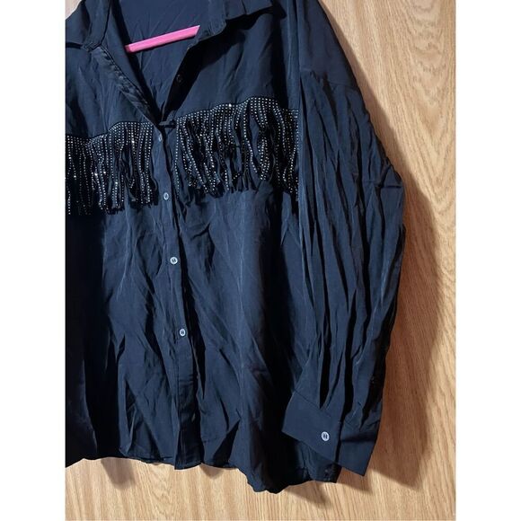 Woman’s Black Button Up Top With Rhinestone Fringe Woman’s Size Large - Picture 2 of 10